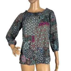 Desigual Women’s Blouse Abstract Pattern On/Off Shoulder Size S Art To Wear